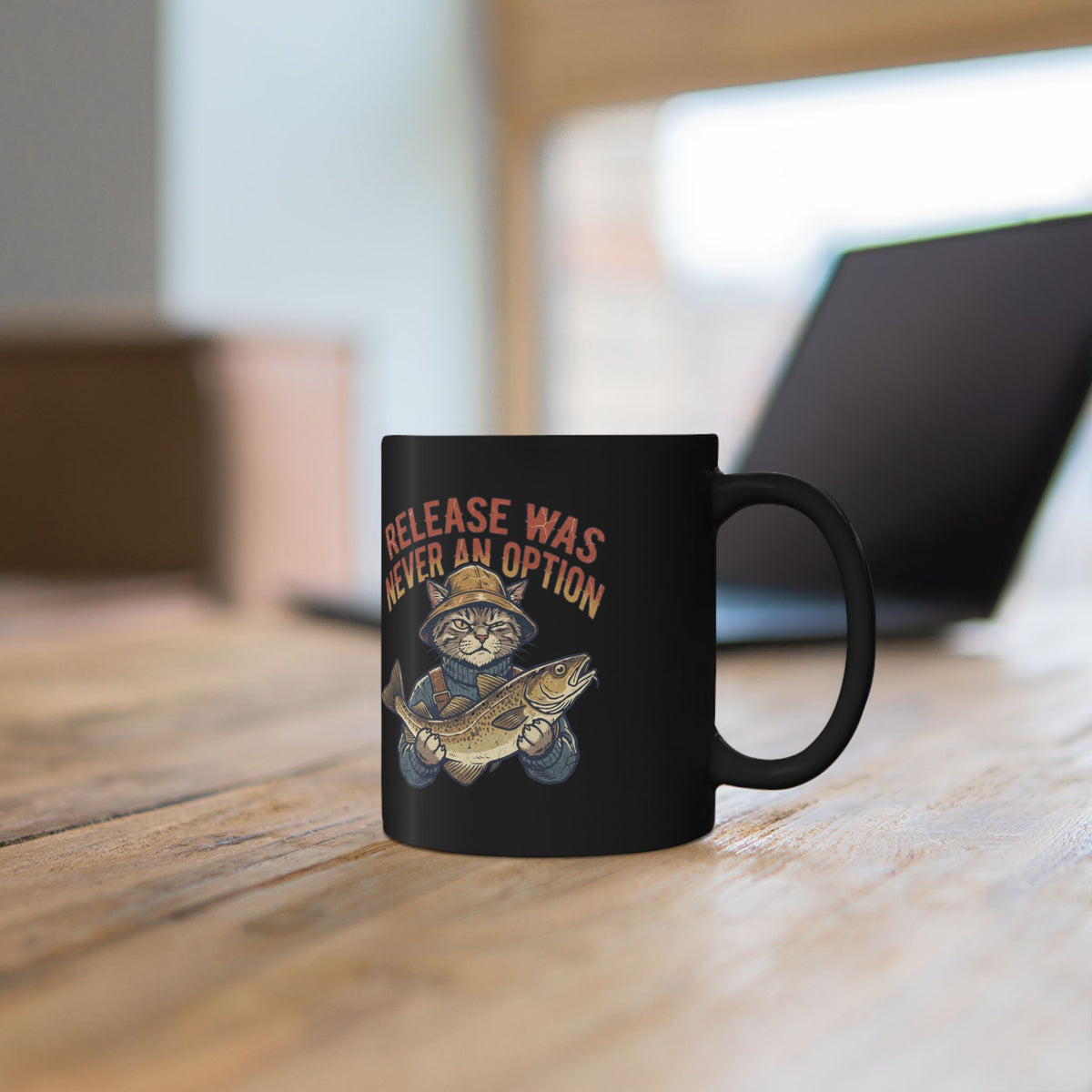 Funny Fishing Cat Mug — "Release Was Never an Option" Black Coffee Cup (11oz/15oz)