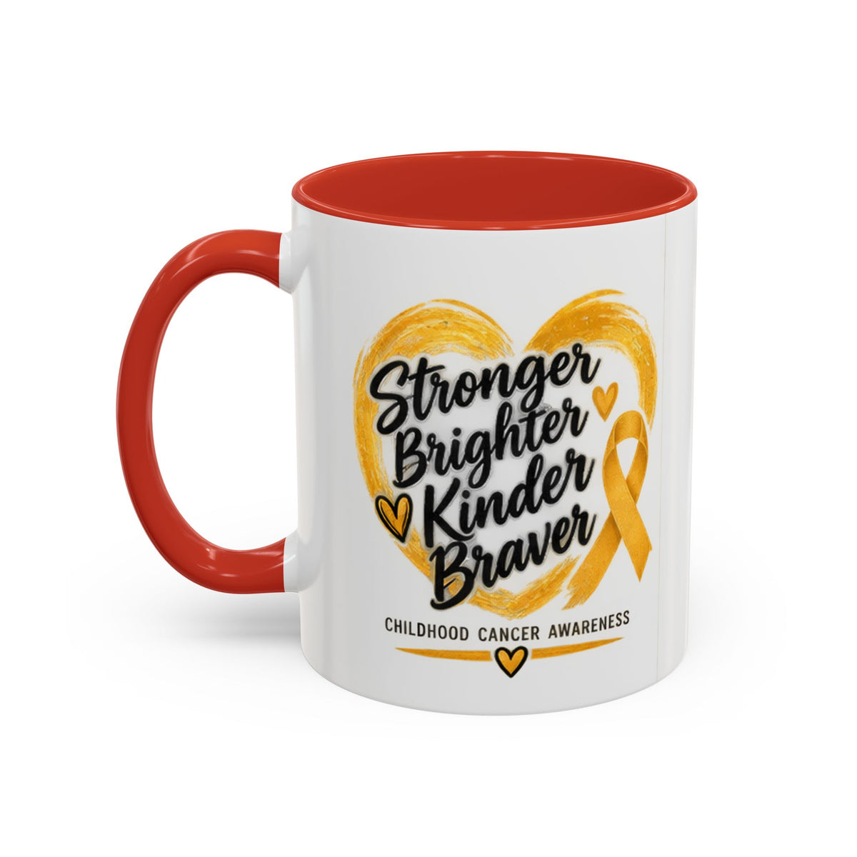 Childhood Cancer Awareness Accent Coffee Mug — "Stronger Brighter Kinder Braver"