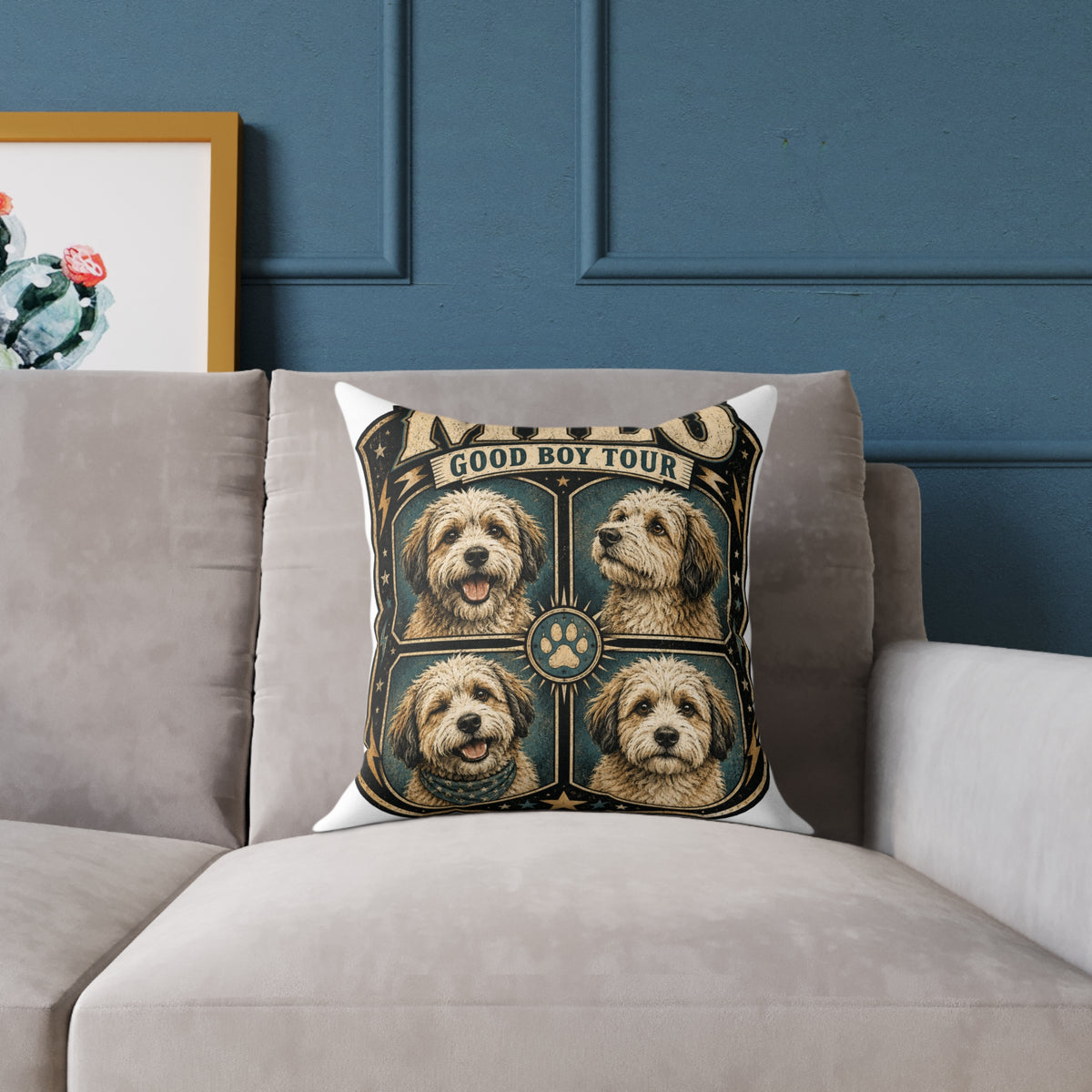 Dog Portrait Pillow - "Good Boy Tour" Vintage Puppy Square Throw Pillow  Milo Bailey Dog Dad Mom