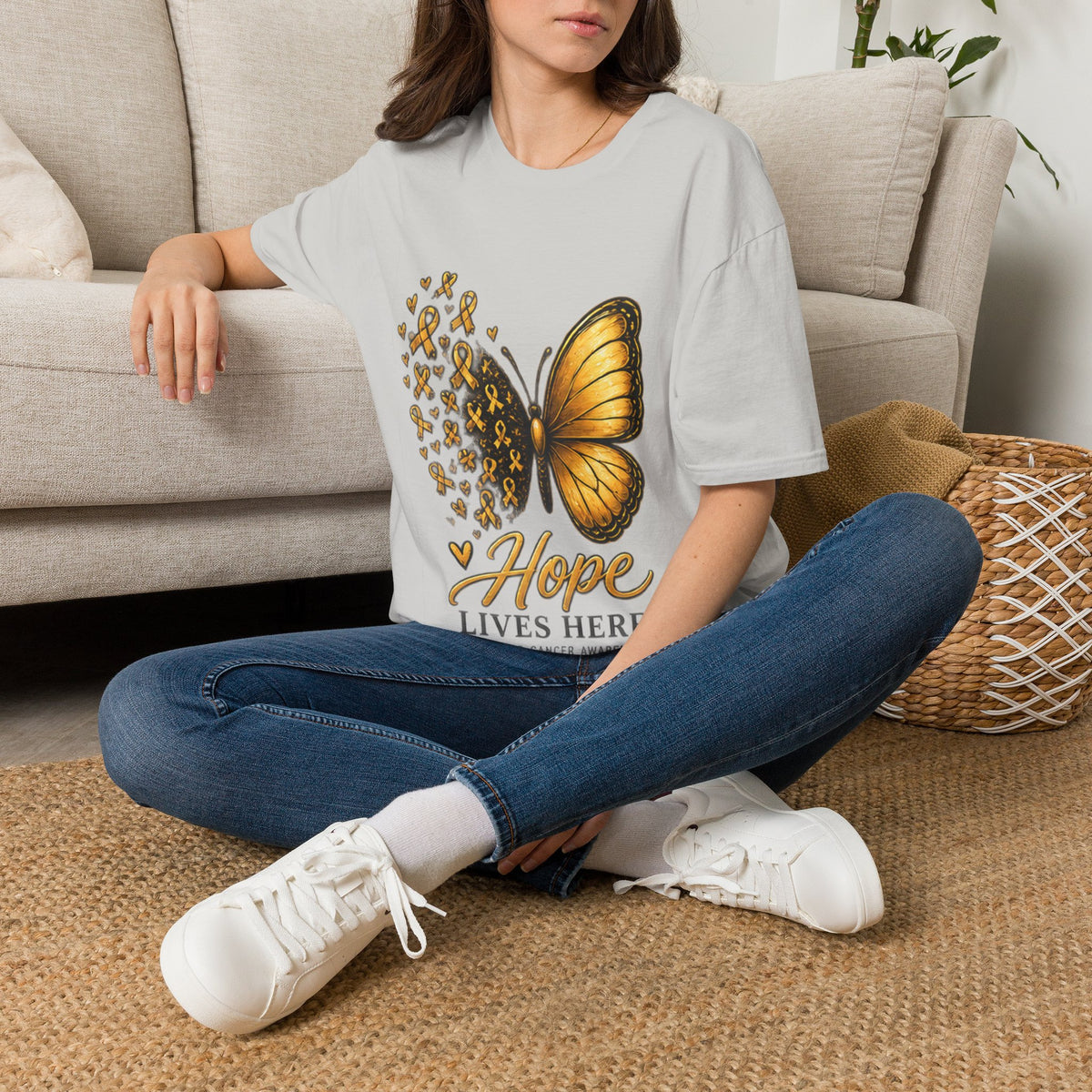 Hope Lives Here Gold Ribbon Butterfly Childhood Cancer Awareness T-Shirt