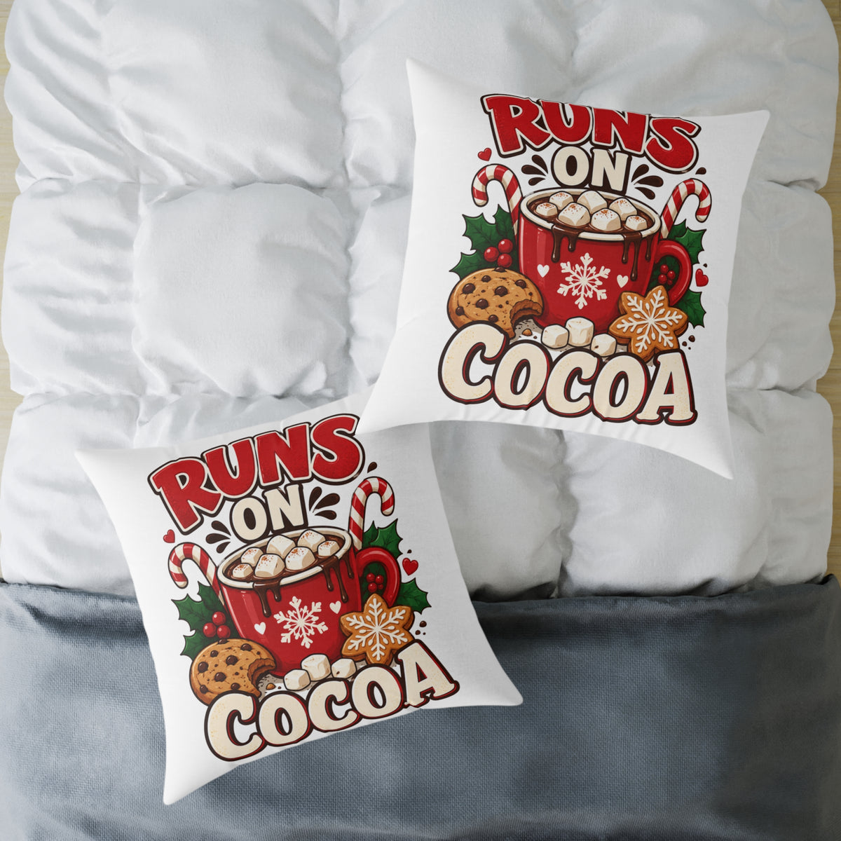 Christmas Square Pillow - "Runs on Cocoa" Holiday Hot Chocolate Decorative Throw Pillow