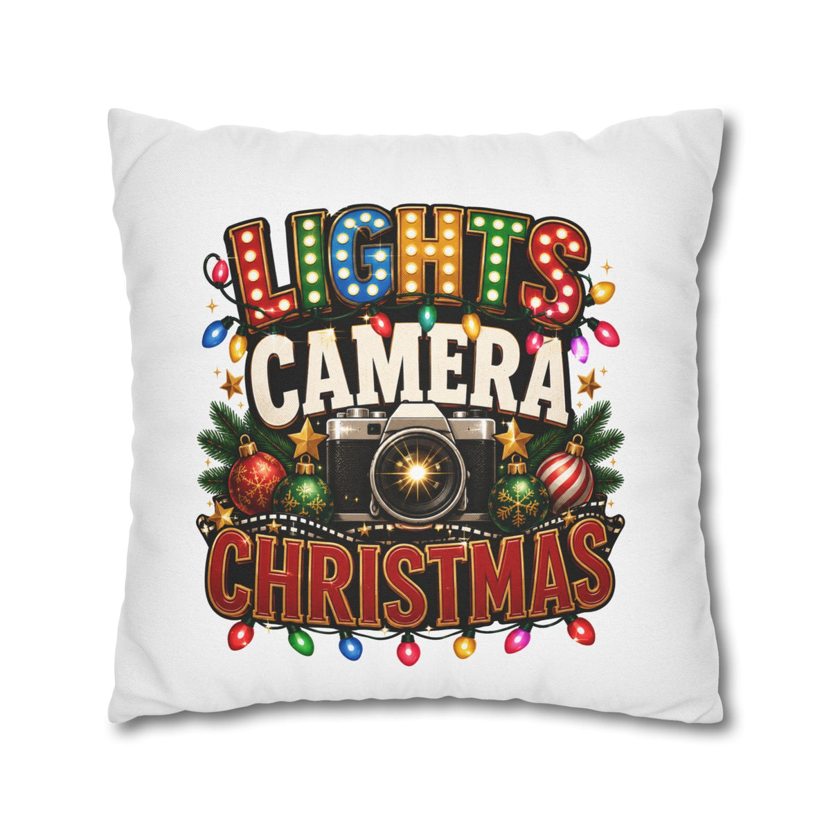 Christmas Photographer Pillowcase – “Lights Camera Christmas” Decorative Throw Pillow