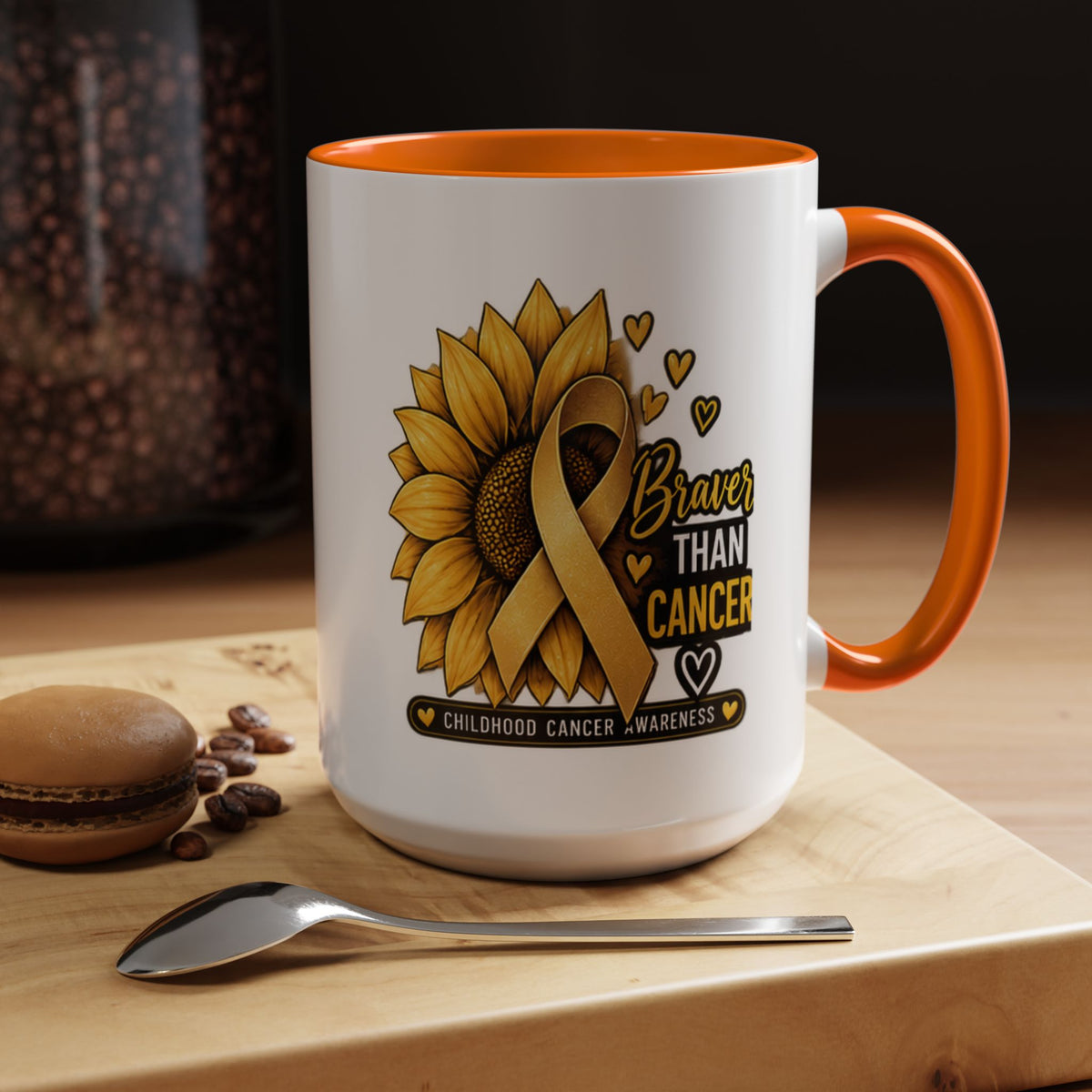 Childhood Cancer Awareness Mug — "Braver Than Cancer" Sunflower & Gold Ribbon