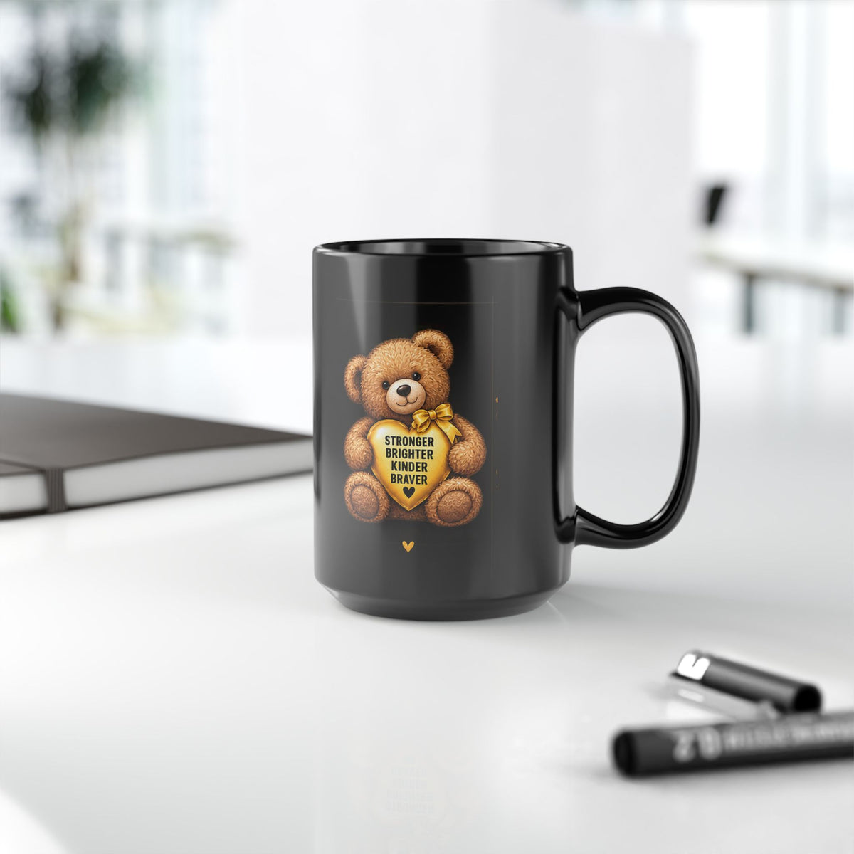 Teddy Bear Mug — Childhood Cancer ‘Stronger Brighter Kinder Braver’ Inspirational Black Coffee Cup (11oz/15oz)