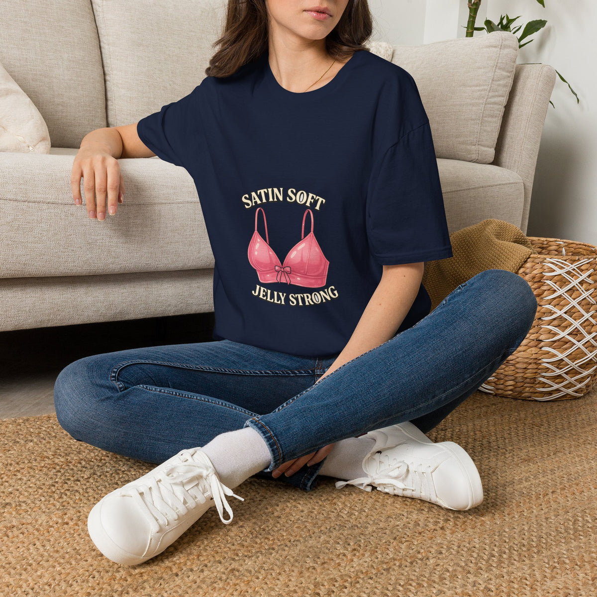 Graphic Tee — "Satin Soft Jelly Strong" Pink Bra Illustration- Trending Now - October 2026