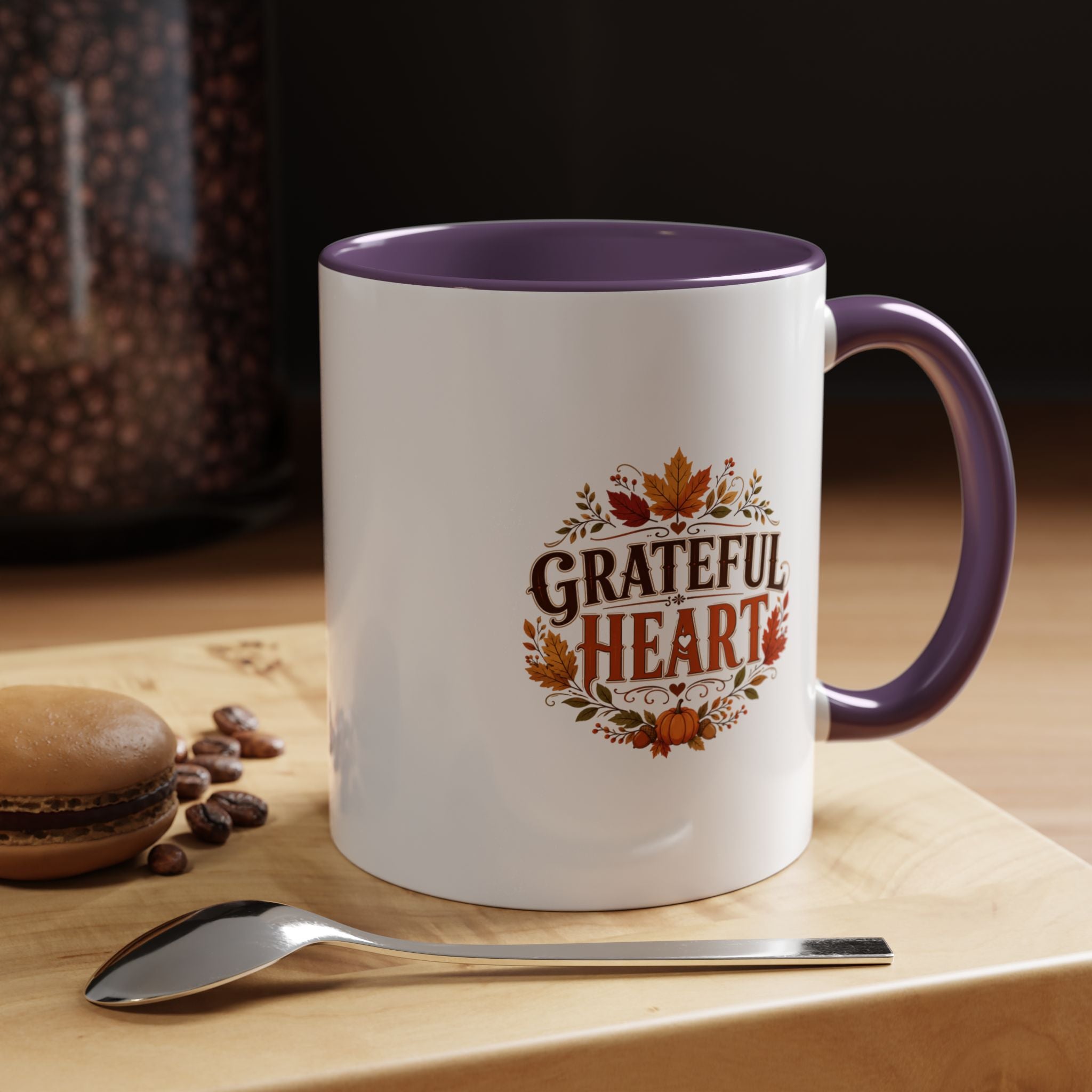 Thanksgiving Mug Grateful Heart Coffee Mug — Fall Leaves Pumpkin Accent Mug