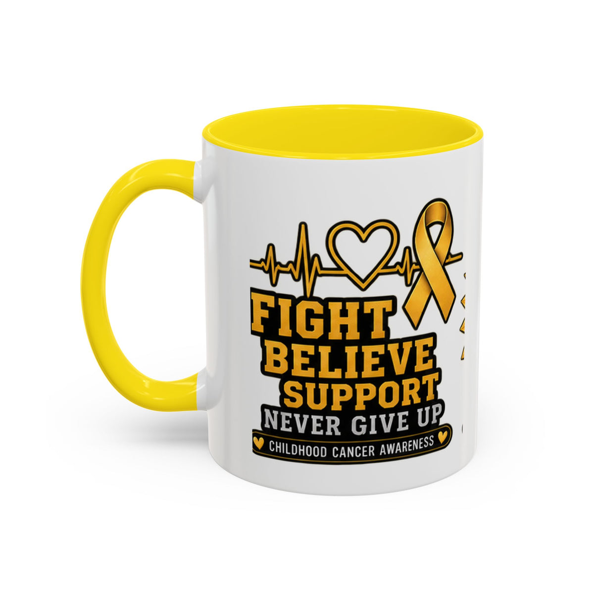 Childhood Cancer Awareness Accent Coffee Mug — "Fight Believe Support" 11/15oz
