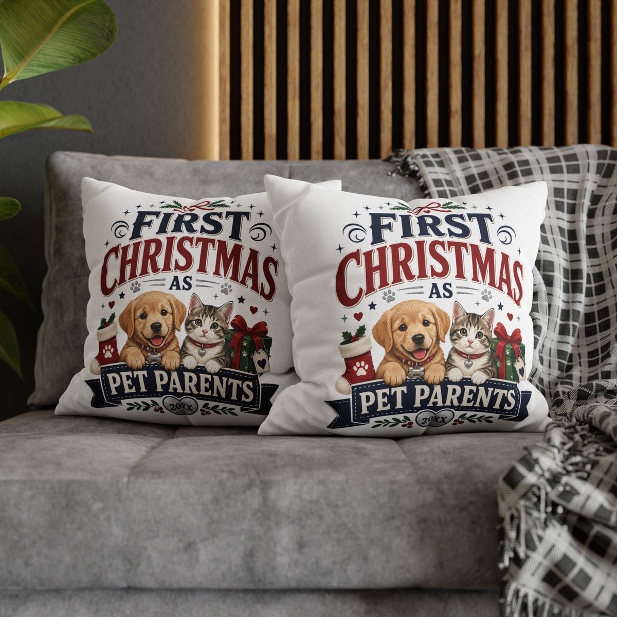 First Christmas as Pet Parents Pillowcase — Dog & Cat Holiday Throw Pillowcase