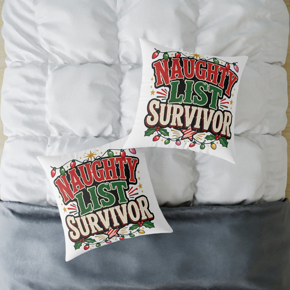 Christmas Square Pillow - "Naughty List Survivor" Christmas Holiday Decorative Throw Pillow