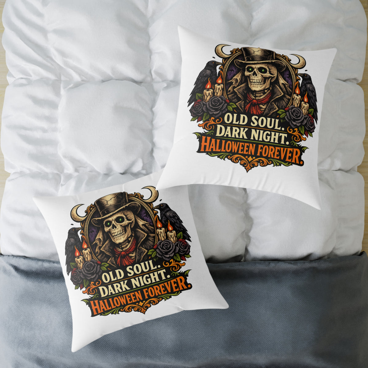 Halloween Skeleton Pillow - "Old Soul, Dark Night. Halloween Forever" Square Decorative Cushion