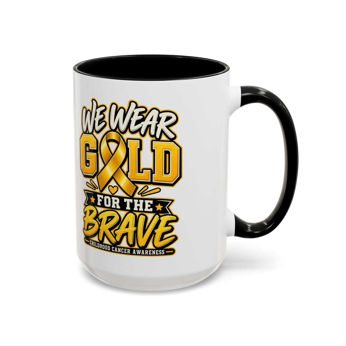 Childhood Cancer Awareness Accent Coffee Mug – "We Wear Gold for the Brave" (11/15 oz)