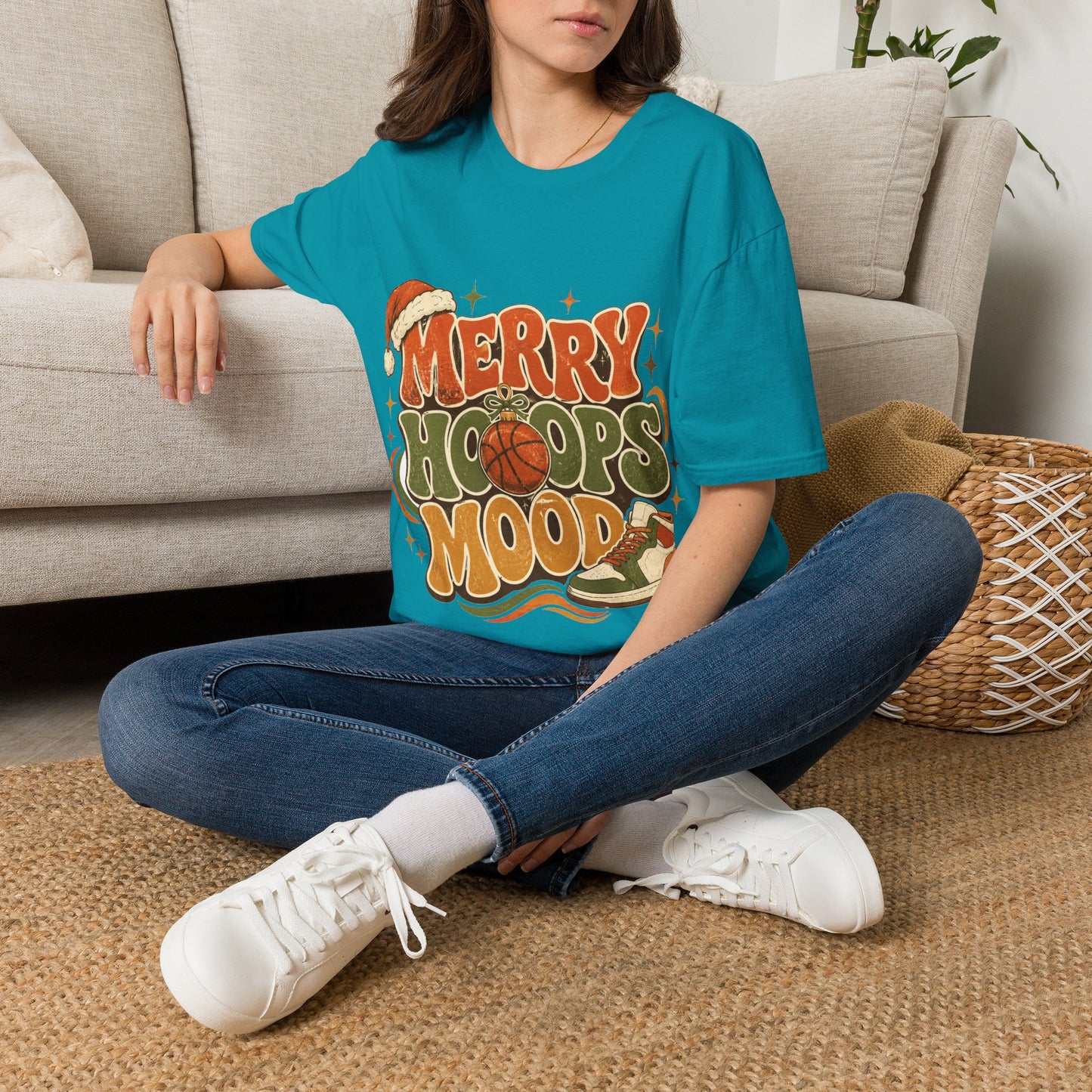 Merry Hoops Mood T-Shirt — Retro Holiday Basketball Christmas Tee