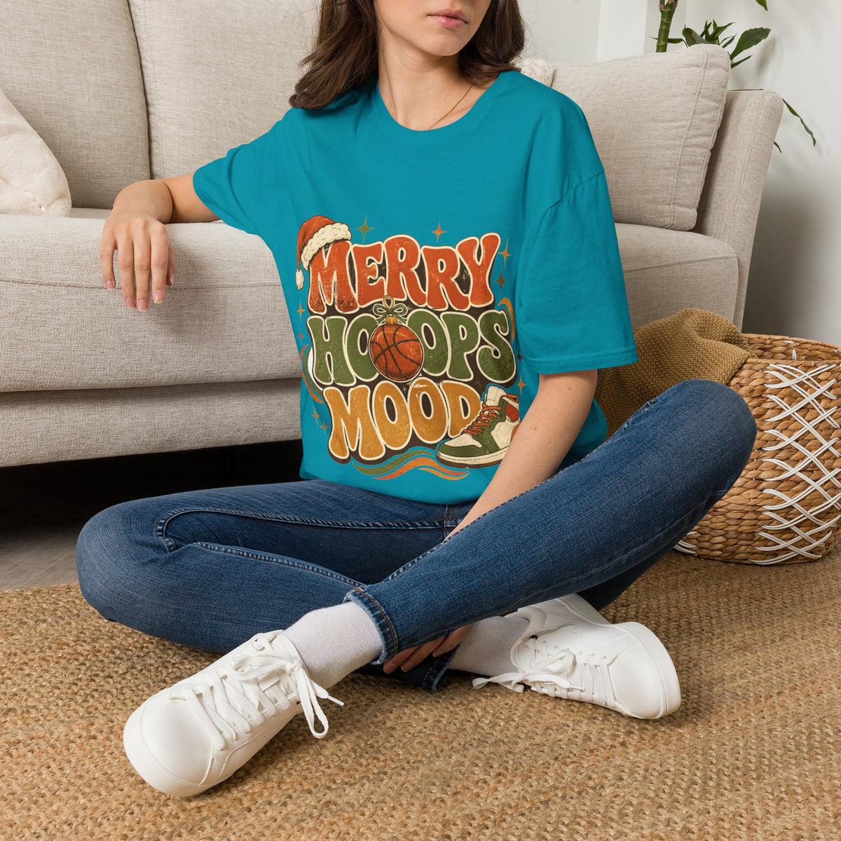 Merry Hoops Mood T-Shirt — Retro Holiday Basketball Christmas Tee