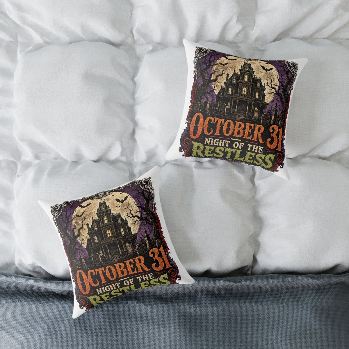 Halloween Haunted House Pillow — "October 31 Night of the Restless" Square Canvas Throw Pillow