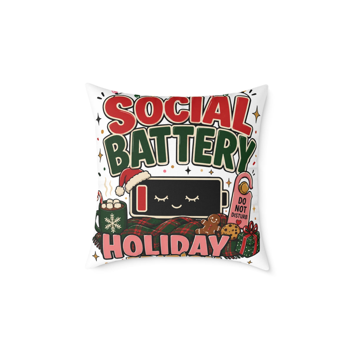 Social Battery Holiday Modern Day Christmas Pillow — Cute Low Energy Christmas Throw Pillow
