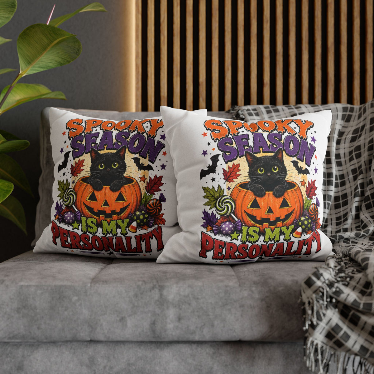 Halloween Pillowcase — "Spooky Season Is My Personality" Black Cat & Pumpkin Decorative Pillow Cover