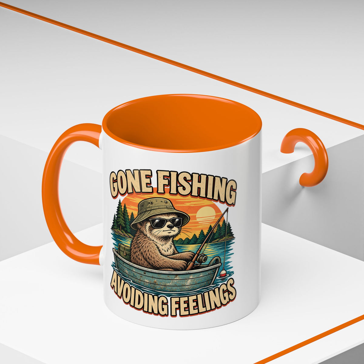 Funny And Witty "Gone Fishing Avoiding Feelings" Accent Coffee Mug (11, 15oz)