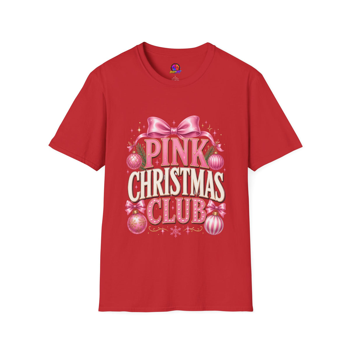 Pink Christmas Club T-Shirt — Womens Festive Holiday Tee with Bow & Ornaments