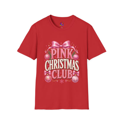 Pink Christmas Club T-Shirt — Womens Festive Holiday Tee with Bow & Ornaments