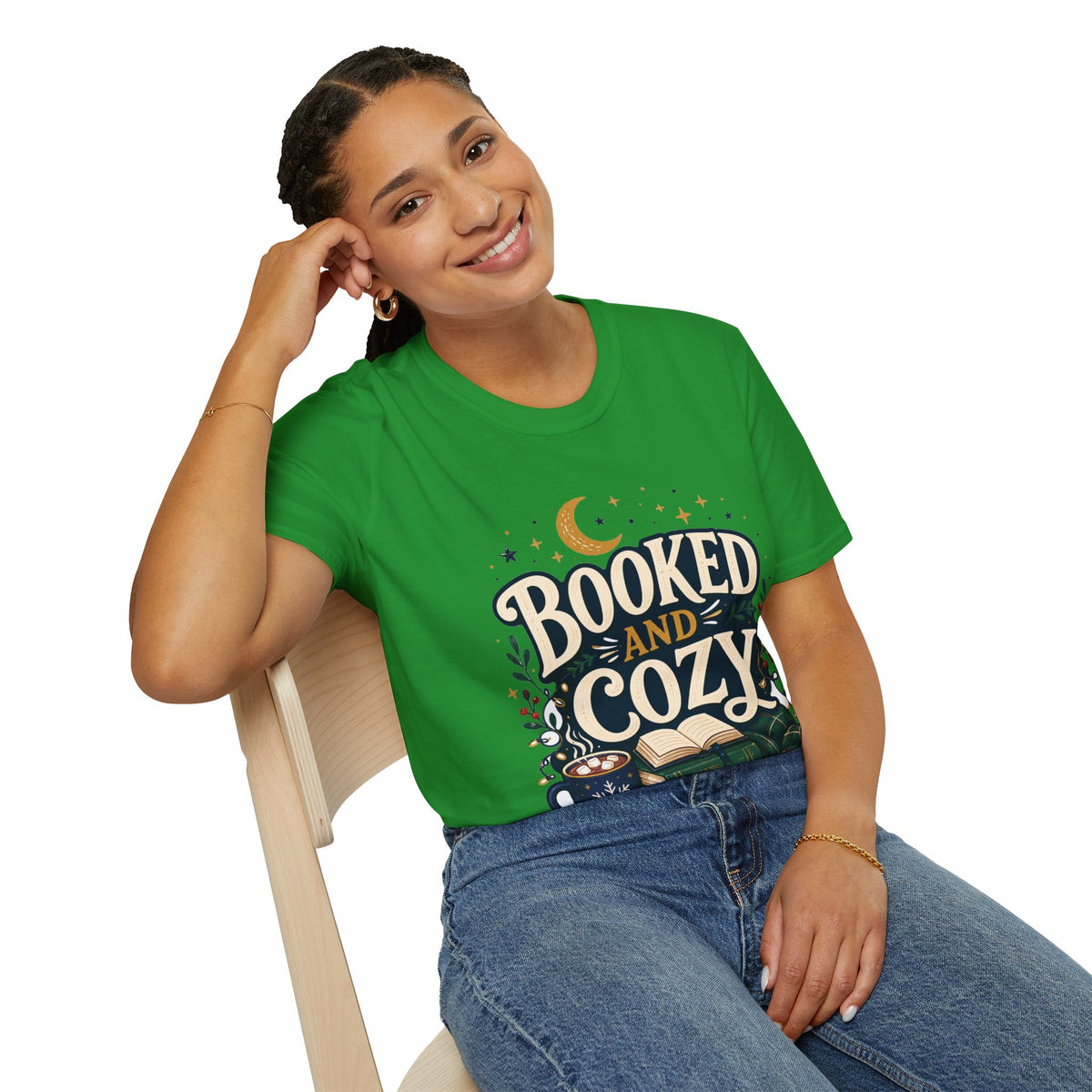 Booked and Cozy T-Shirt — Cozy Reading Graphic Tee (Books, Moon & Stars)