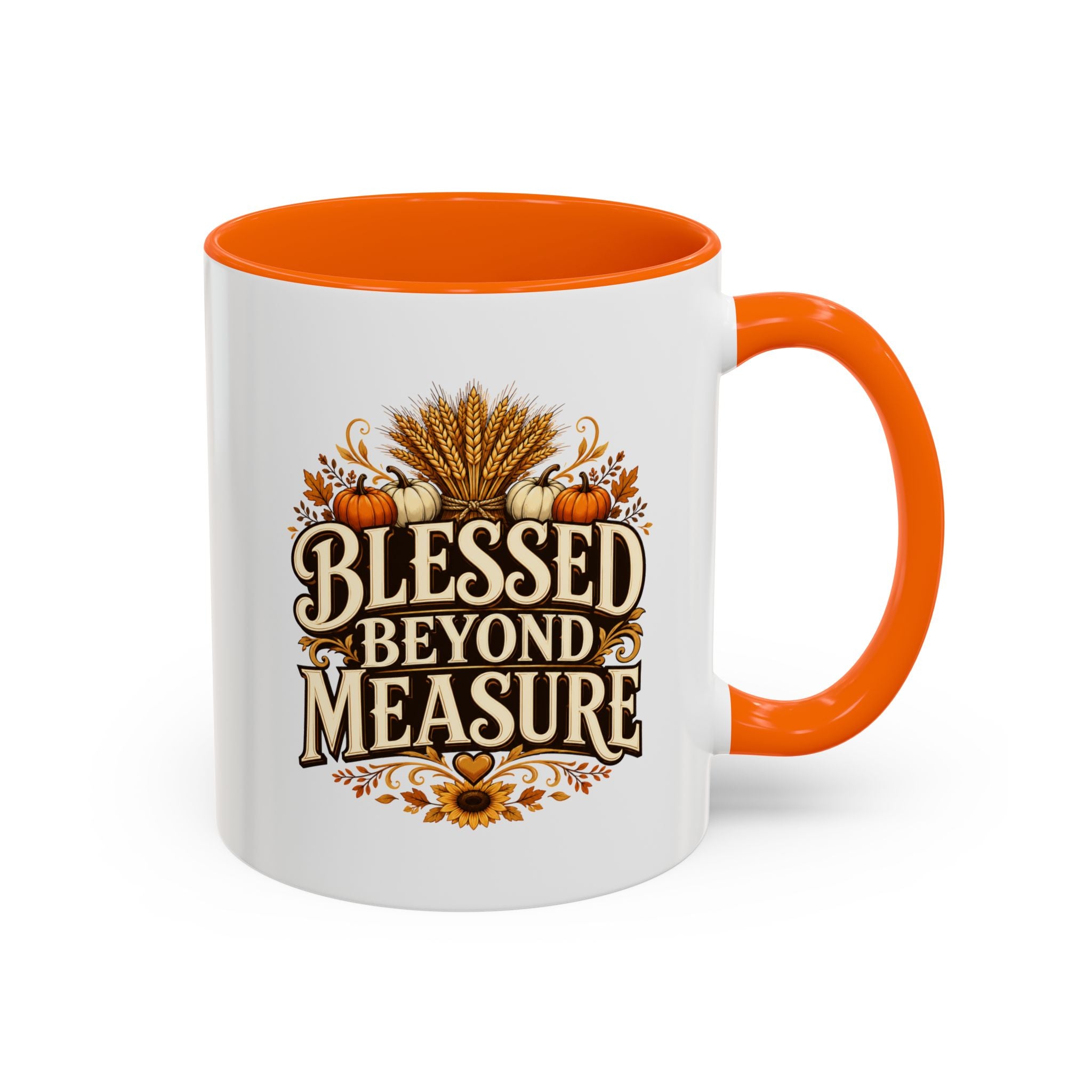 Thanksgiving Mug Blessed Beyond Measure Accent Coffee Mug — Fall Pumpkin & Wheat Autumn Faith Mug