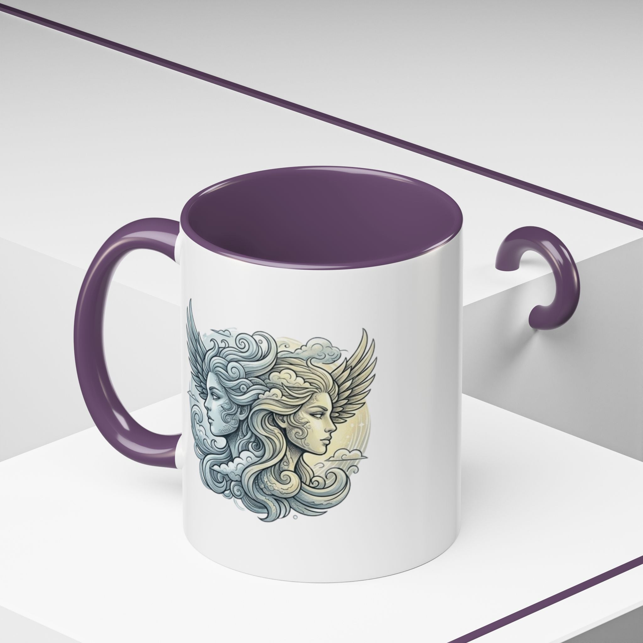 Gemini Twins Accent Coffee Mug — Sun & Moon Winged Faces Illustration