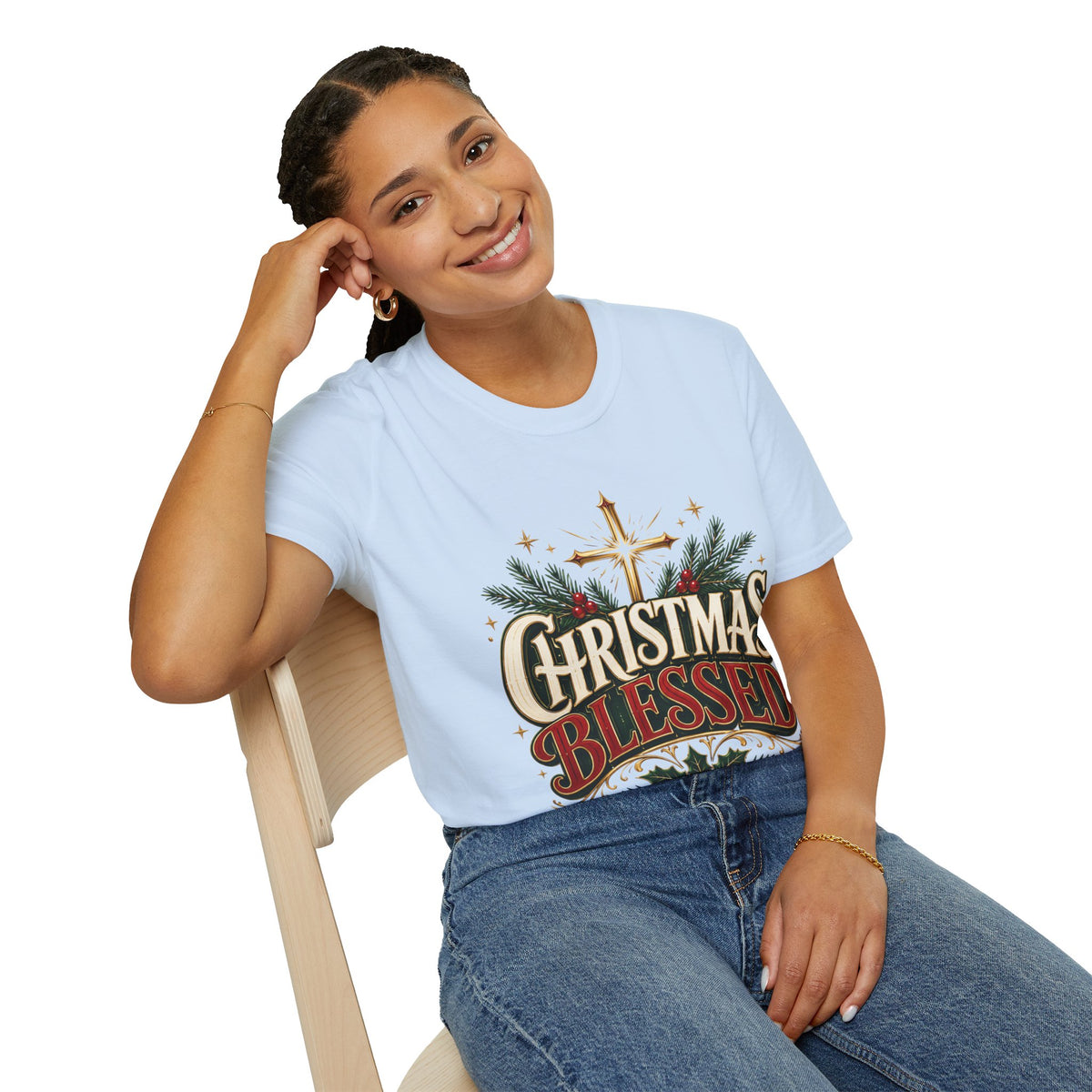Christmas Blessed T-Shirt — Faith-Based Holiday Tee with Cross & Pine Design