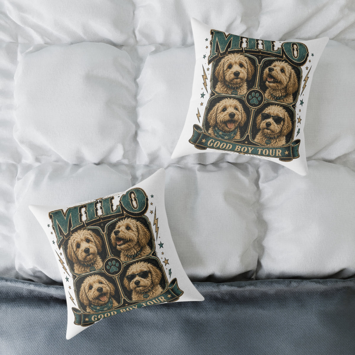 Milo 'Good Boy Tour' Square Canvas Pillow — Dog Portrait Decorative Throw Pillow