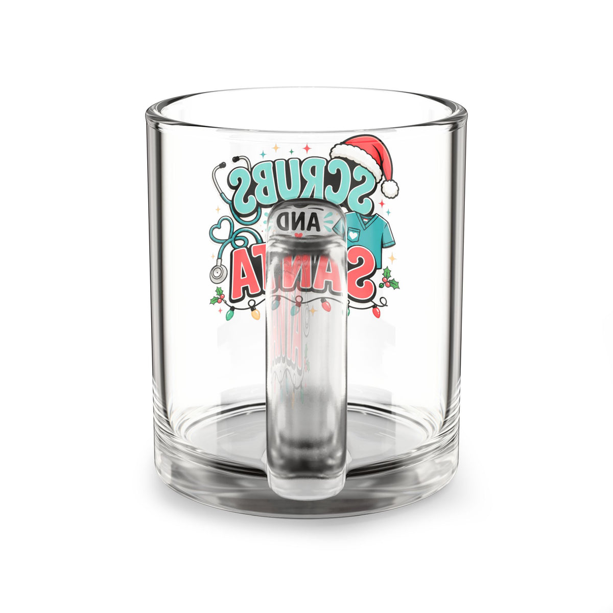 Modern Day Christmas Glass Mug  10oz Glass Mug - "Scrubs and Santa" Christmas Nurse Coffee Cup, 10oz