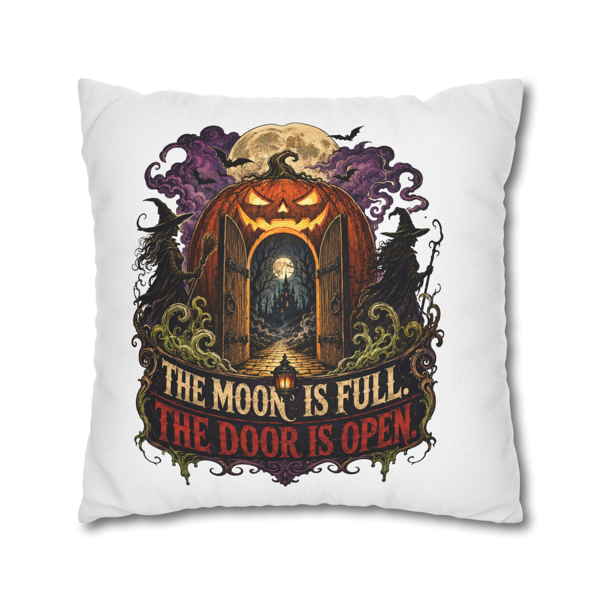 Halloween Pumpkin Door Pillowcase - "The Moon Is Full, The Door Is Open" Spun Polyester Throw Pillow