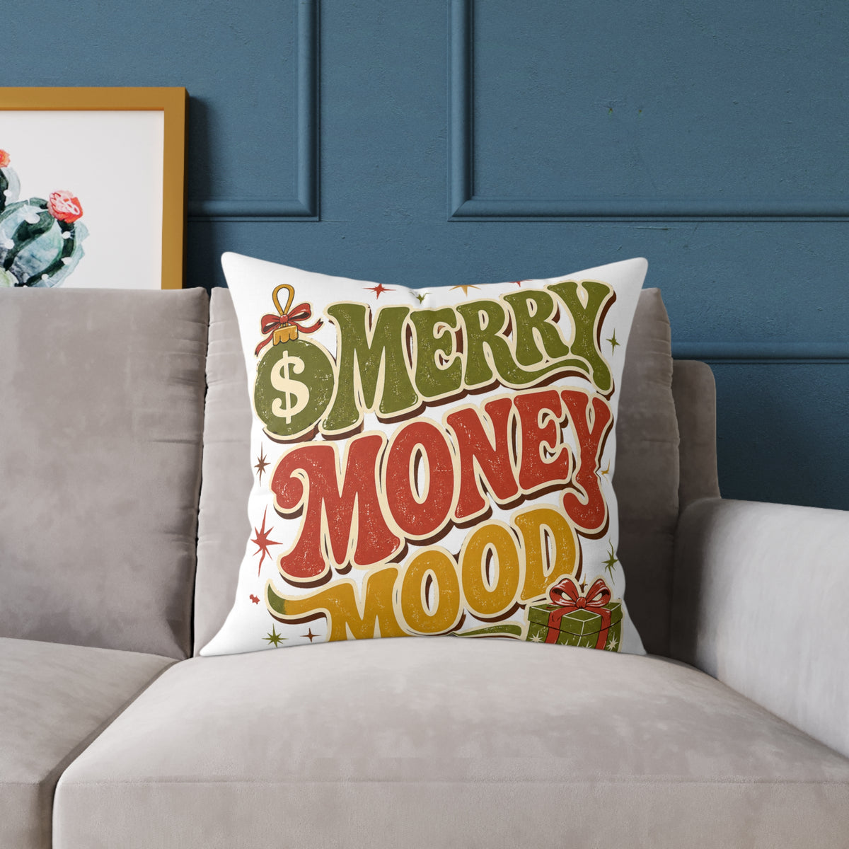 Modern Day Christmas Merry Money Mood Pillow — Festive Retro Holiday Throw Pillow