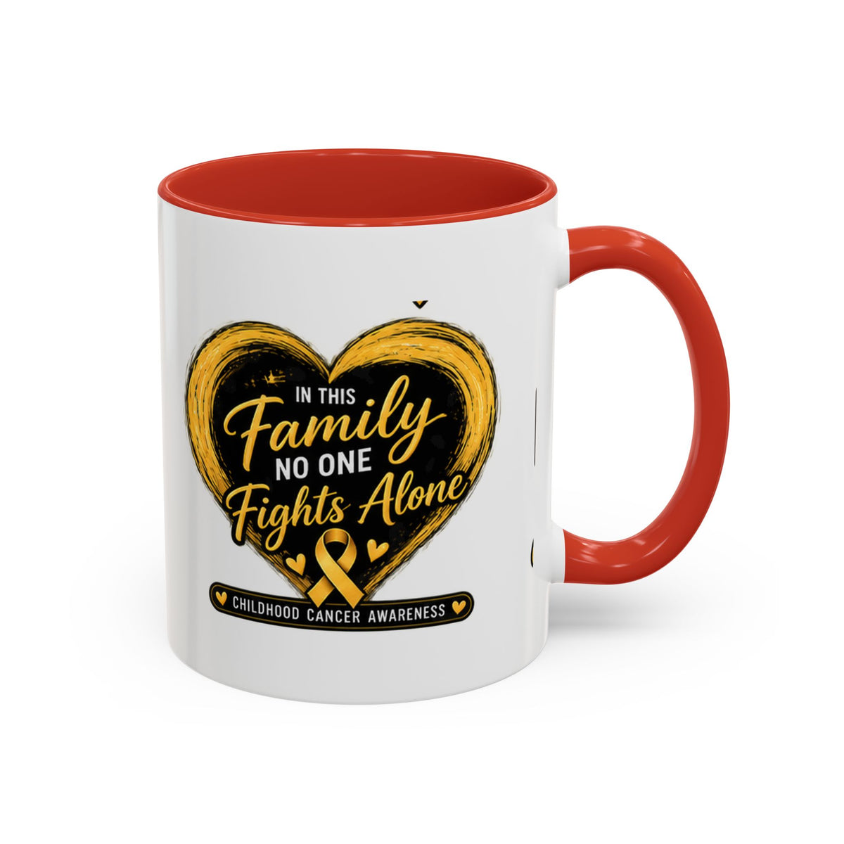 Childhood Cancer Awareness Accent Coffee Mug — "In This Family No One Fights Alone"