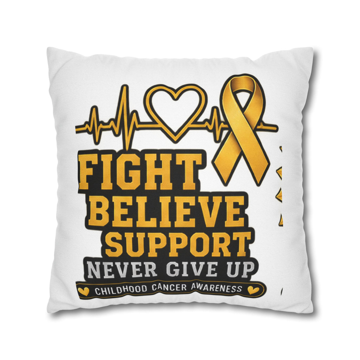 Childhood Cancer Awareness Pillow — "Fight Believe Support Never Give Up" Gold Ribbon Decorative Throw Pillow