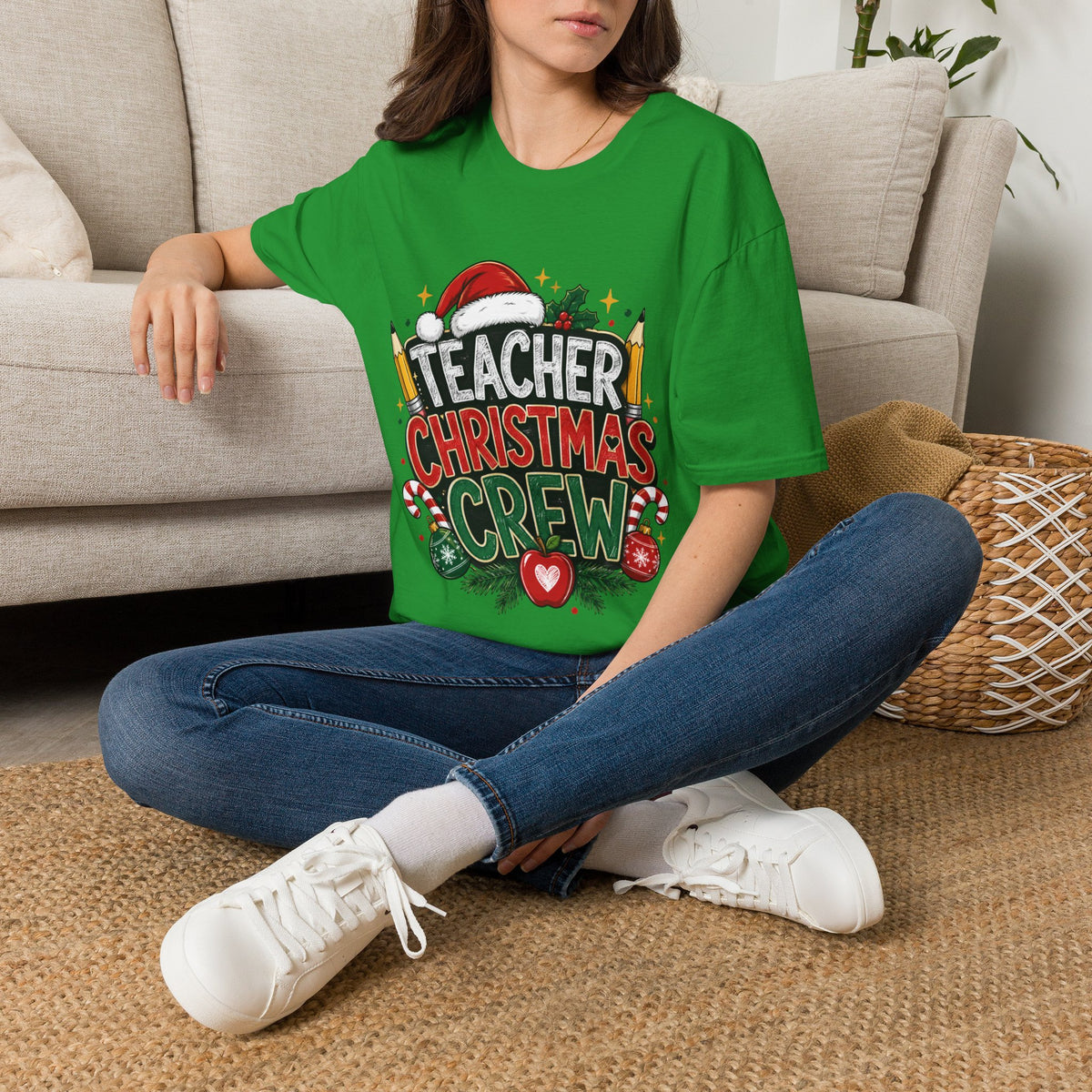 Teacher Christmas Crew T-Shirt — Holiday School Staff Tee with Santa Hat & Pencils