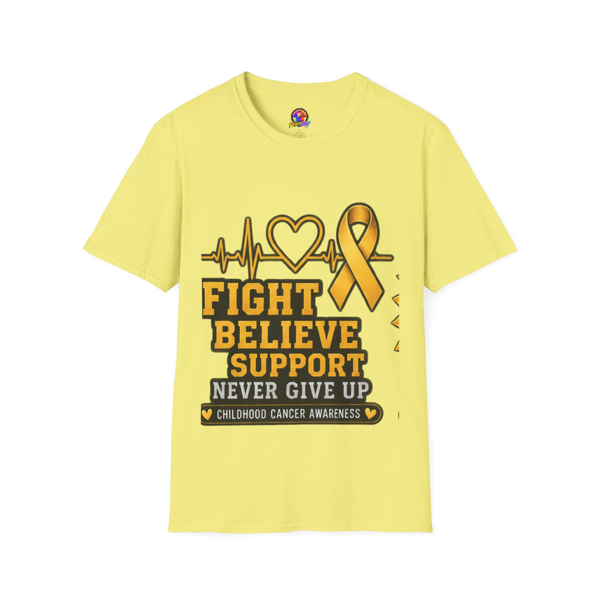 Childhood Cancer Awareness T-Shirt – "Fight Believe Support Never Give Up" Gold Ribbon Tee
