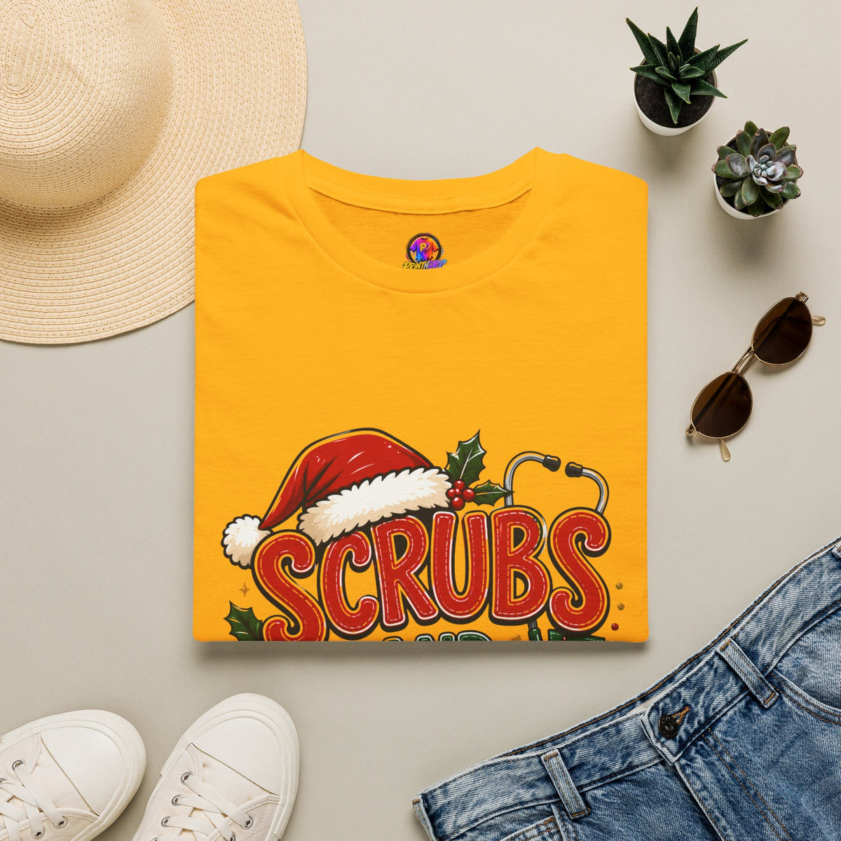 Scrubs and Santa Christmas Tee — Funny Nurse Holiday T-Shirt