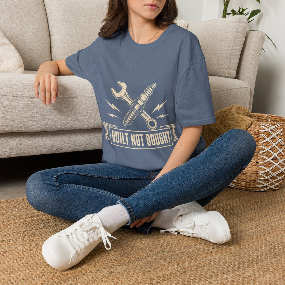 Built Not Bought T-Shirt — Vintage Mechanic Spark Plug & Wrench Tee for DIY Car Enthusiasts