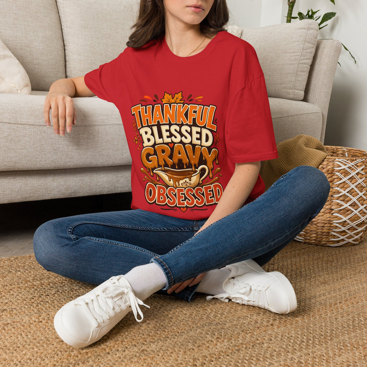 Thanksgiving T-shirt Thankful Blessed Gravy Obsessed T-Shirt — Thanksgiving Fall Turkey Dinner Tee