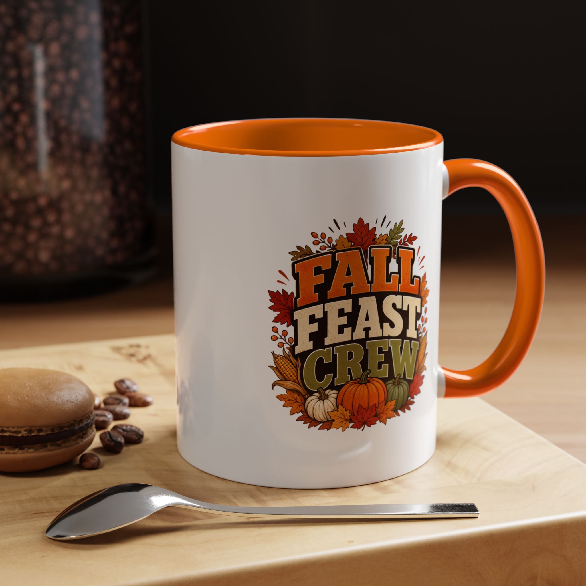 Thanksgiving Mug Fall Feast Crew Coffee Mug — Autumn Pumpkin & Leaves Accent Mug