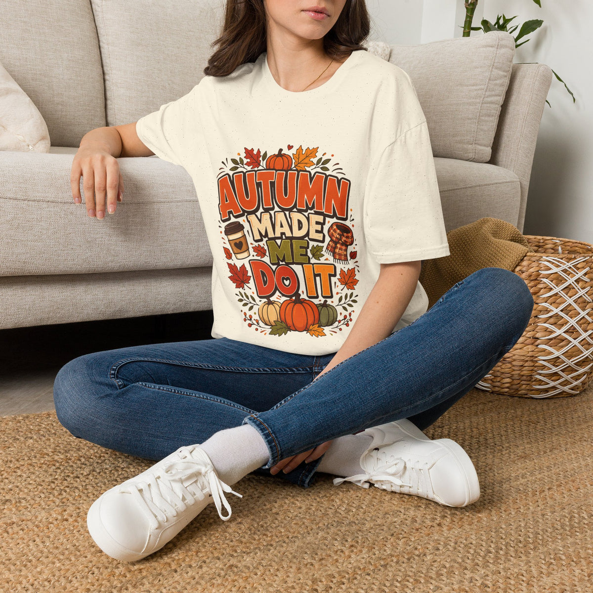 Thanksgiving T-shirt Autumn Made Me Do It T-Shirt — Fall Pumpkin & Leaves Graphic Tee