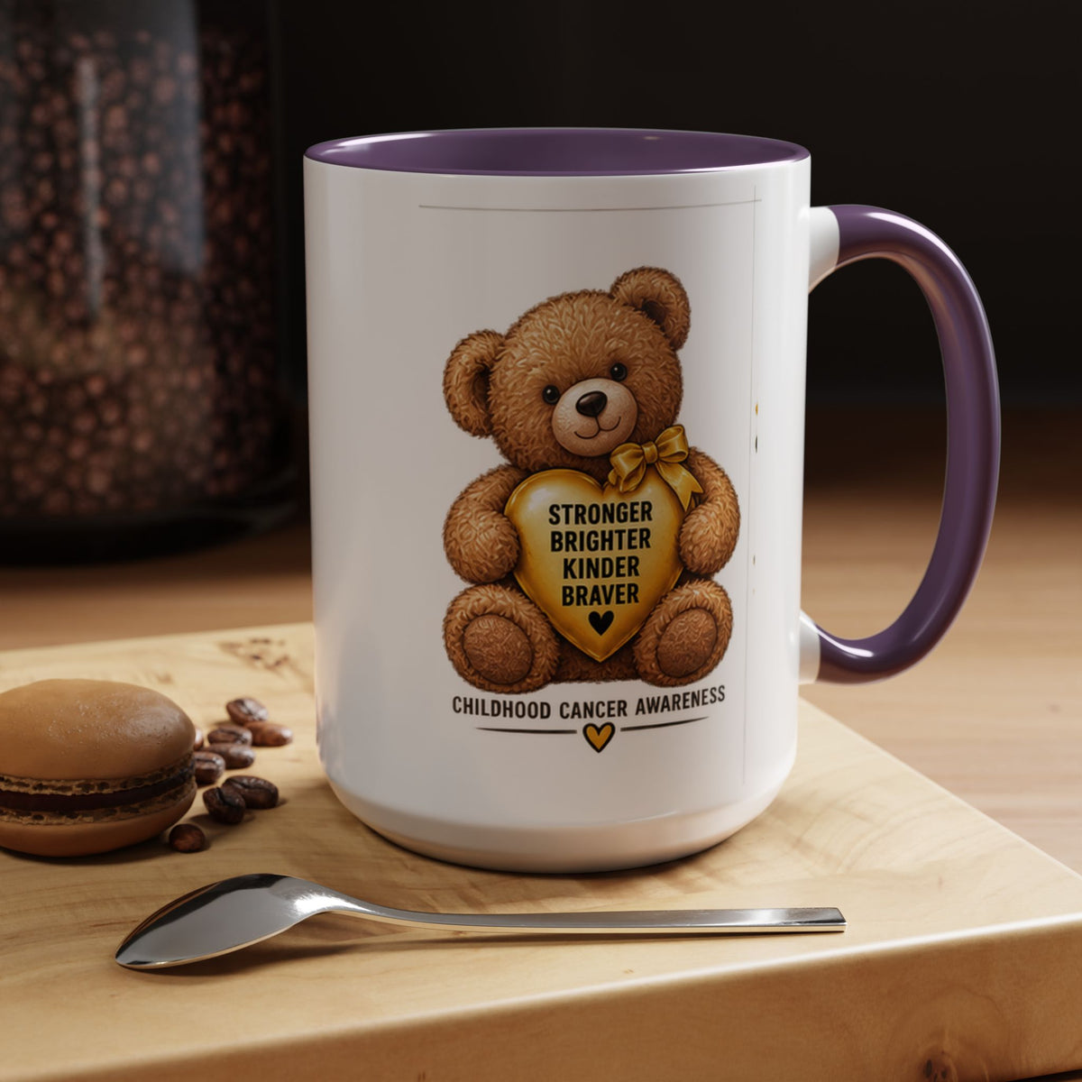 Childhood Cancer Awareness Coffee Mug — 'Stronger Brighter Kinder Braver' Teddy
