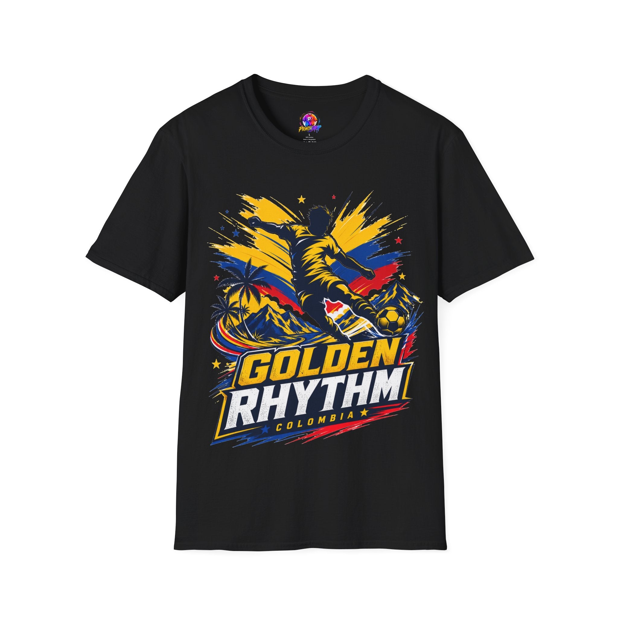 Columbia Soccer Player Graphic T-Shirt — "Golden Rhythm" Vibrant Beach Soccer Tee