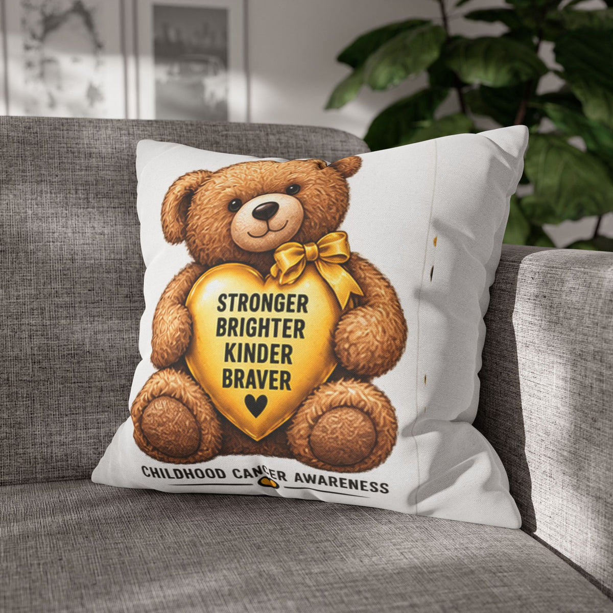 Childhood Cancer Awareness Bear Square Pillowcase – Stronger Brighter Kinder Braver
