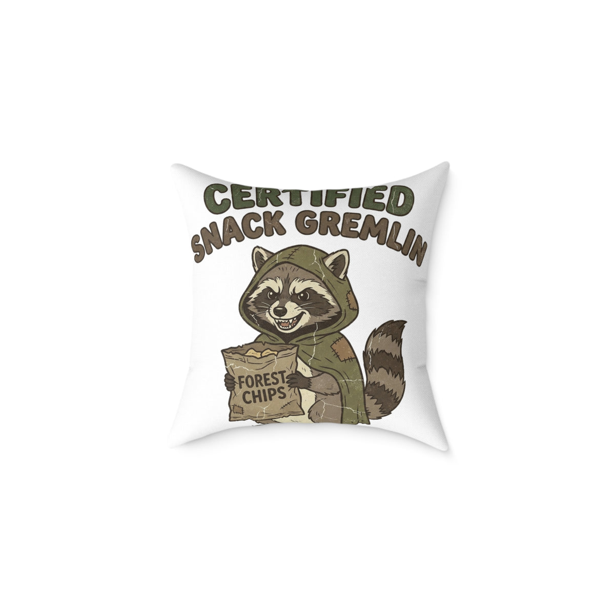 Funny Certified Snack Gremlin Raccoon Pillow — Cute Animal Snack Lover Throw Pillow