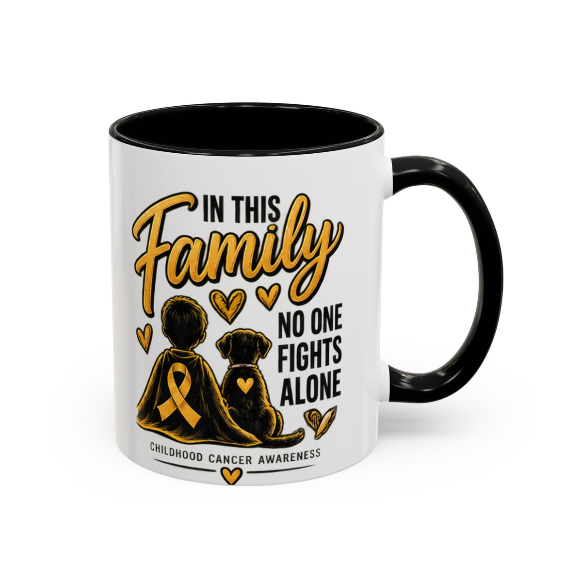 Childhood Cancer Awareness Accent Coffee Mug – "In This Family No One Fights Alone" (11/15oz)