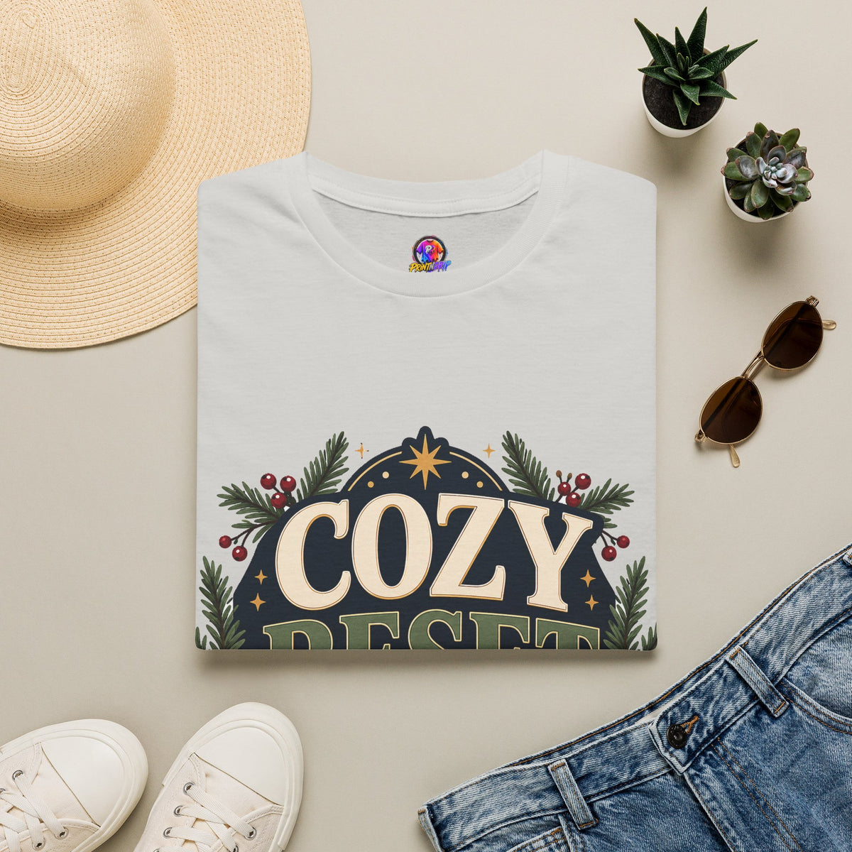 Cozy Reset Season T‑Shirt — Holiday Cozy Cabin Graphic Tee