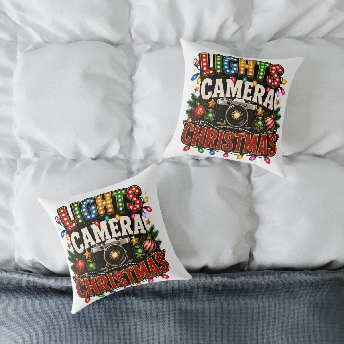 Christmas Photo Pillow - "Lights Camera Christmas" Decorative Square Throw Pillow