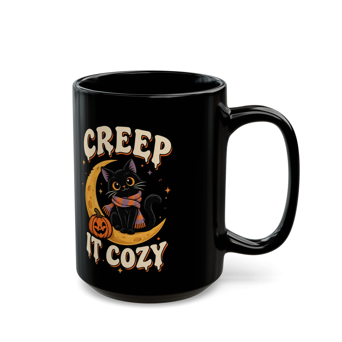 Creep It Cozy Black Mug — Halloween Cat Moon Coffee Cup (11oz & 15oz)