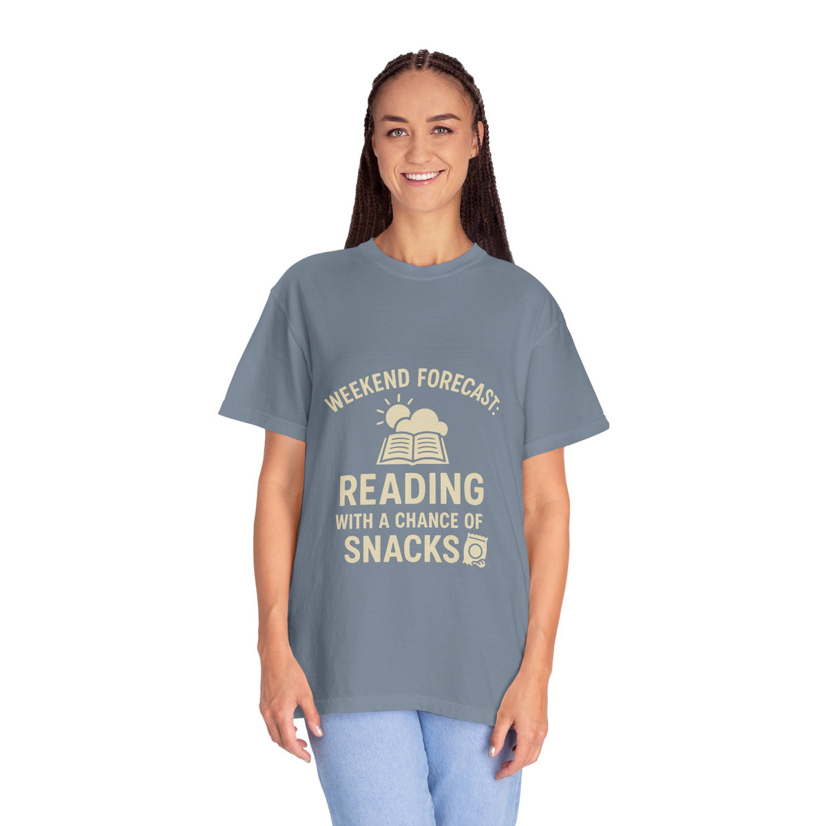 Reading & Snacks T-Shirt — "Weekend Forecast: Reading with a Chance of Snacks" - Trending Now - October 2026