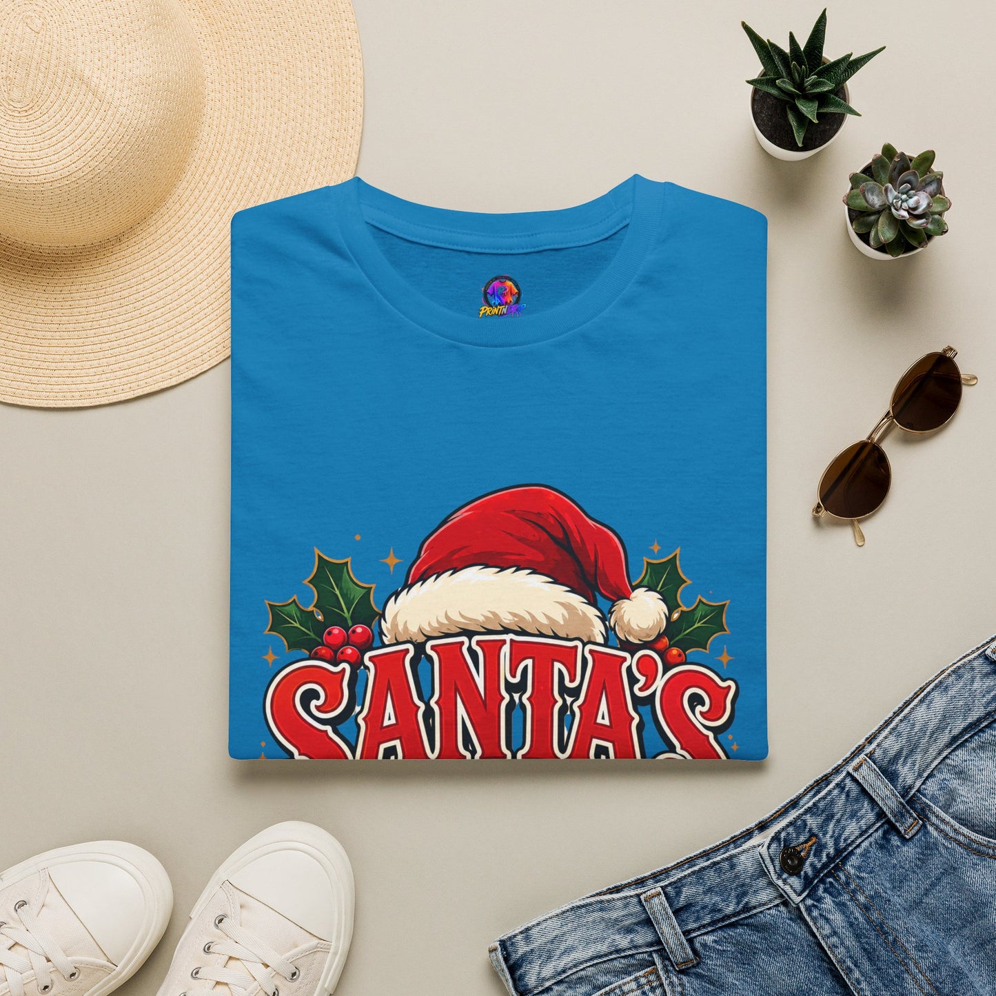 Santa's Favorite T-Shirt — Festive Christmas Tee with Santa Hat & Holly